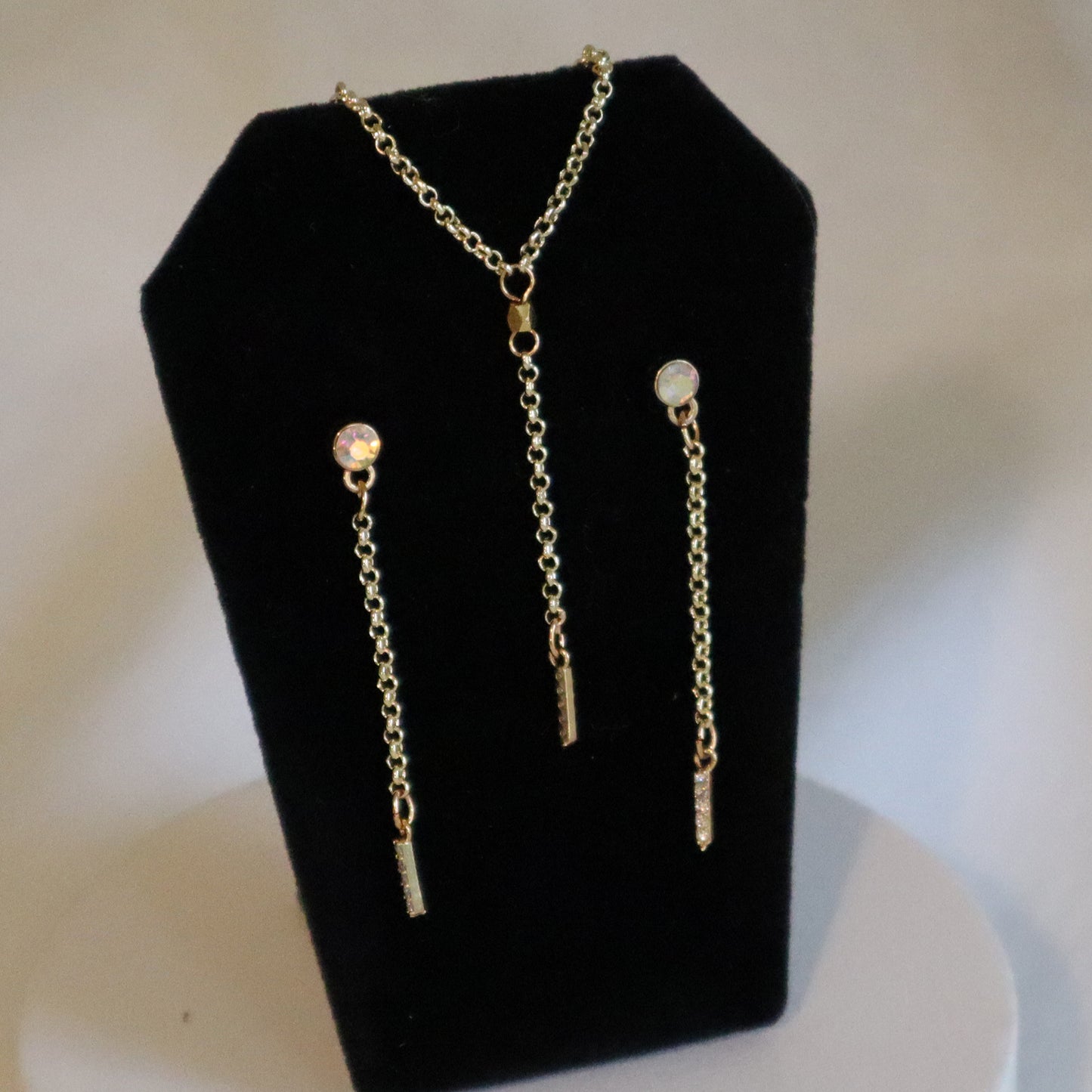 Crystal Bar No-Hole Earrings & Magnetic Clasp Necklace Set