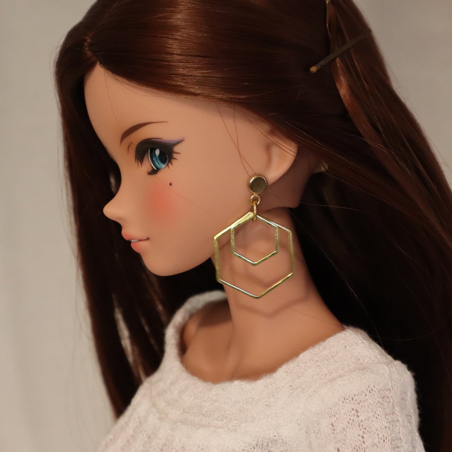 Hexagon Double Hoop Gold No-Hole Earrings for BJD