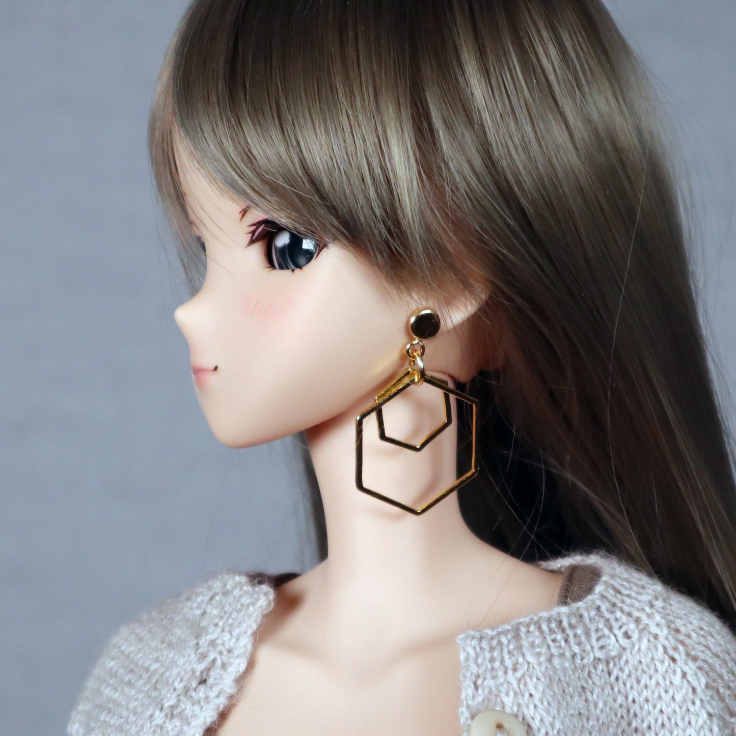 Hexagon Double Hoop Gold No-Hole Earrings for BJD