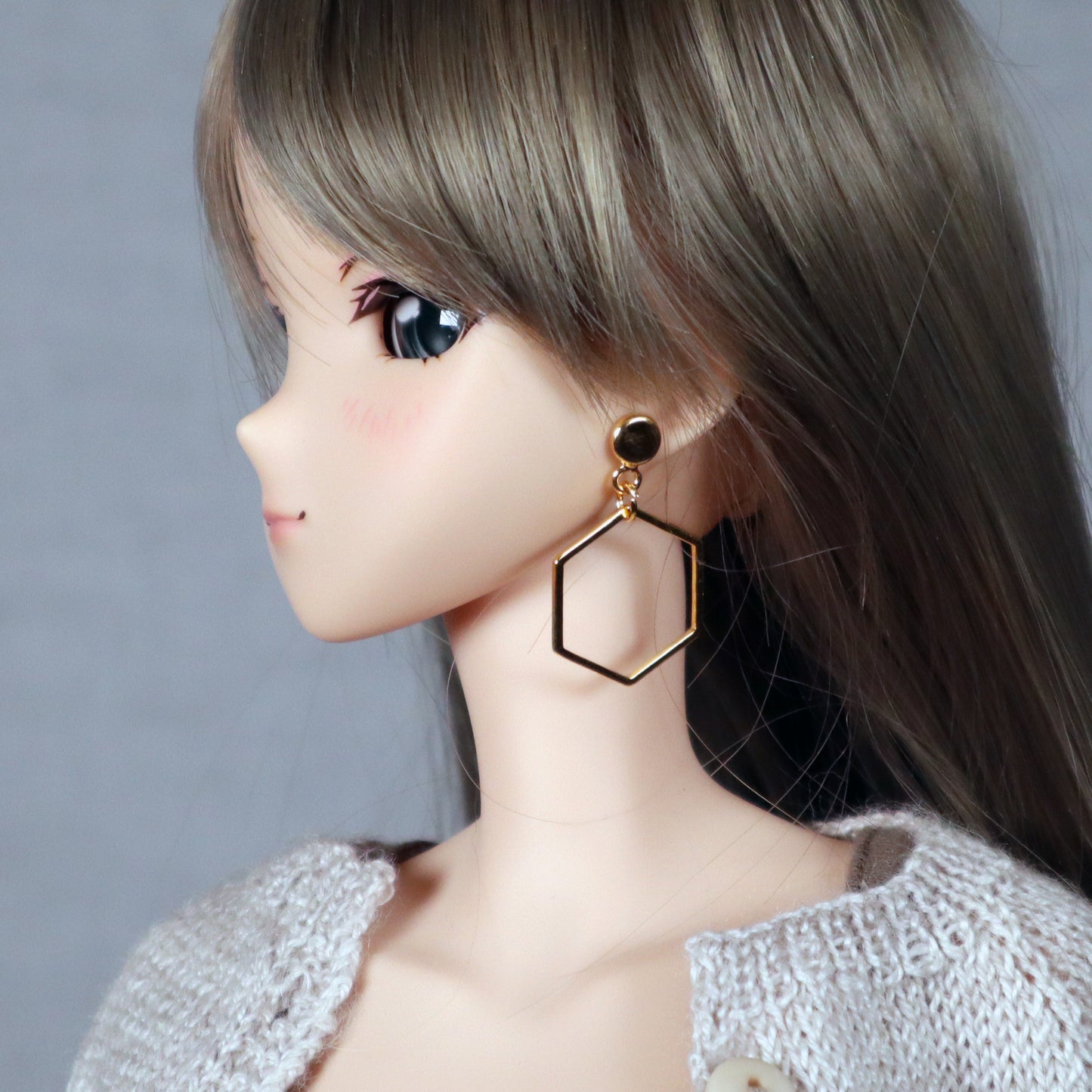 Hexagon Hoop (Gold or Silver) No-Hole Earrings for BJD