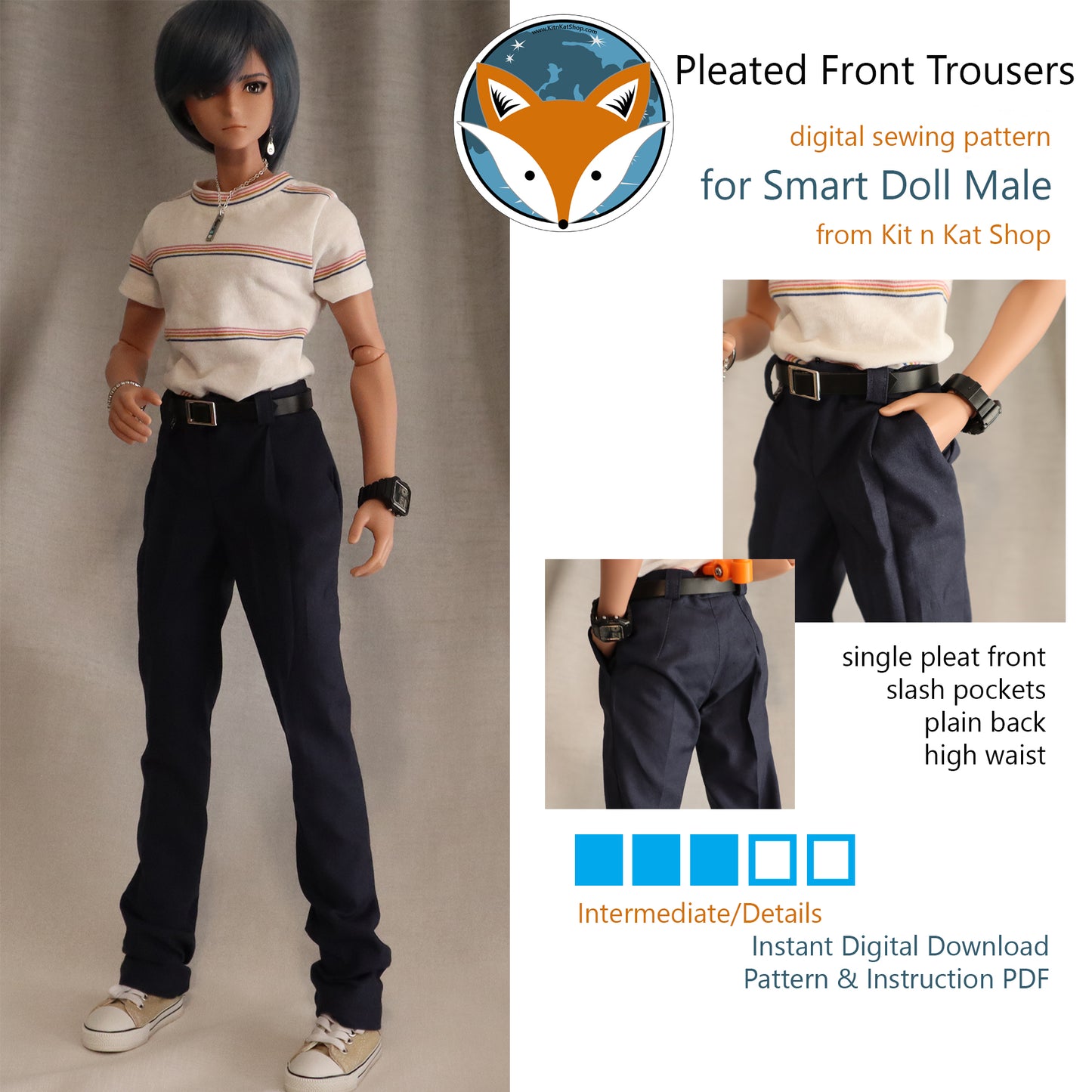 Pleated Front Trousers for Smart Doll Guys - Digital Sewing Pattern