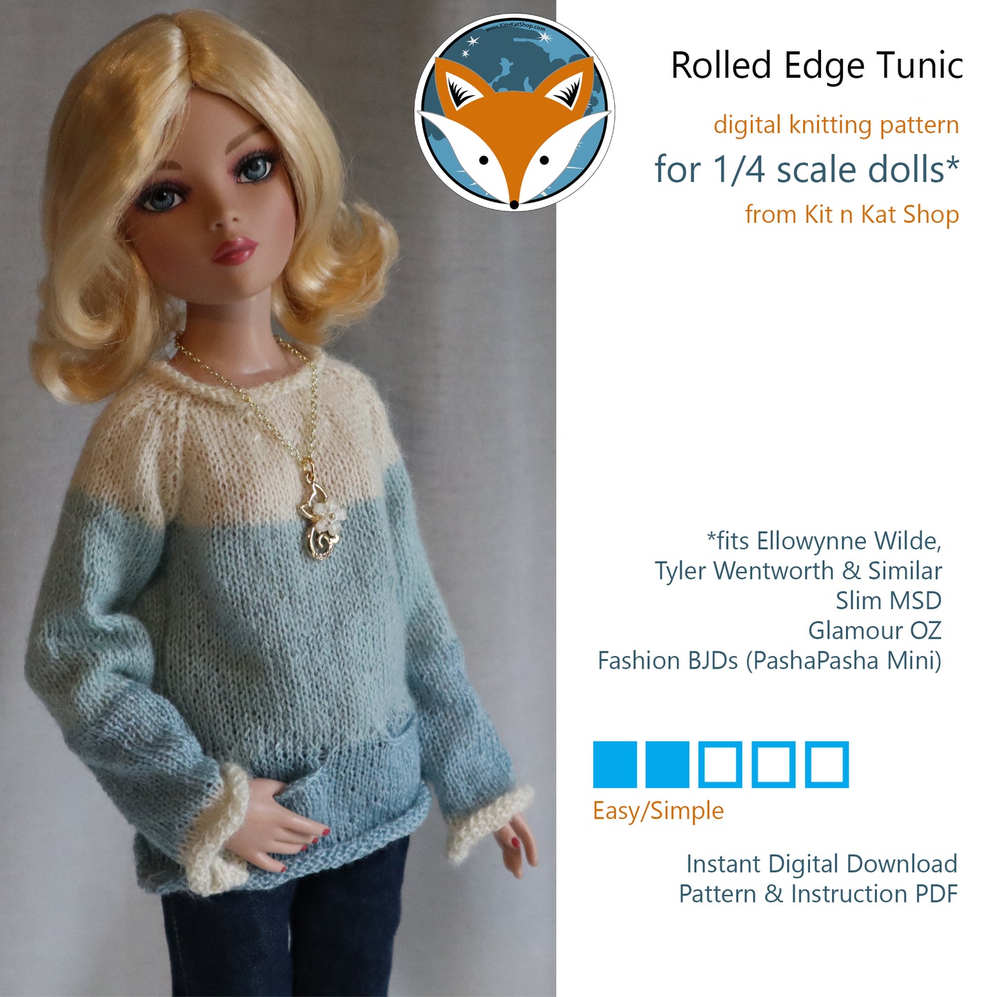 Rolled Edge Tunic for 1/4 scale fashion BJD - Digital Knitting Pattern
