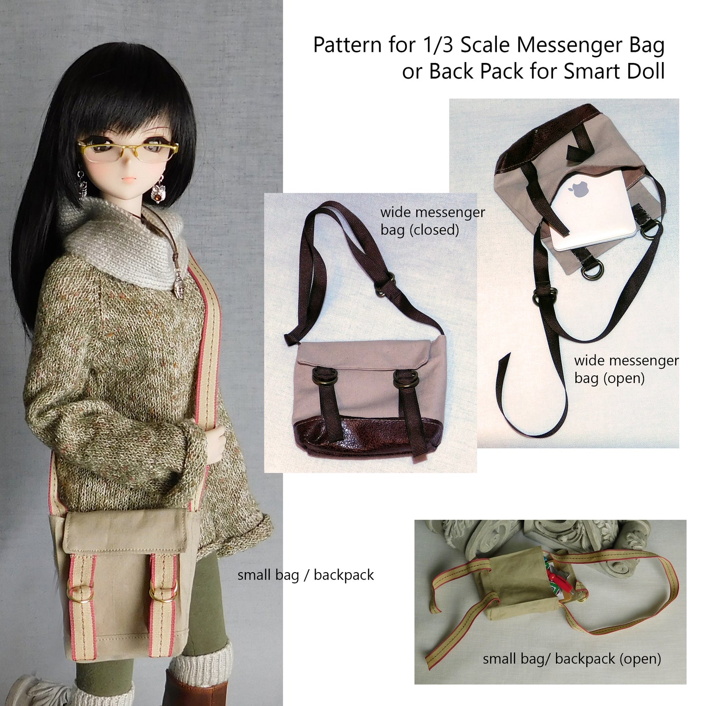 Messenger or Book Bag 1/3 scale - Digital Sewing Pattern