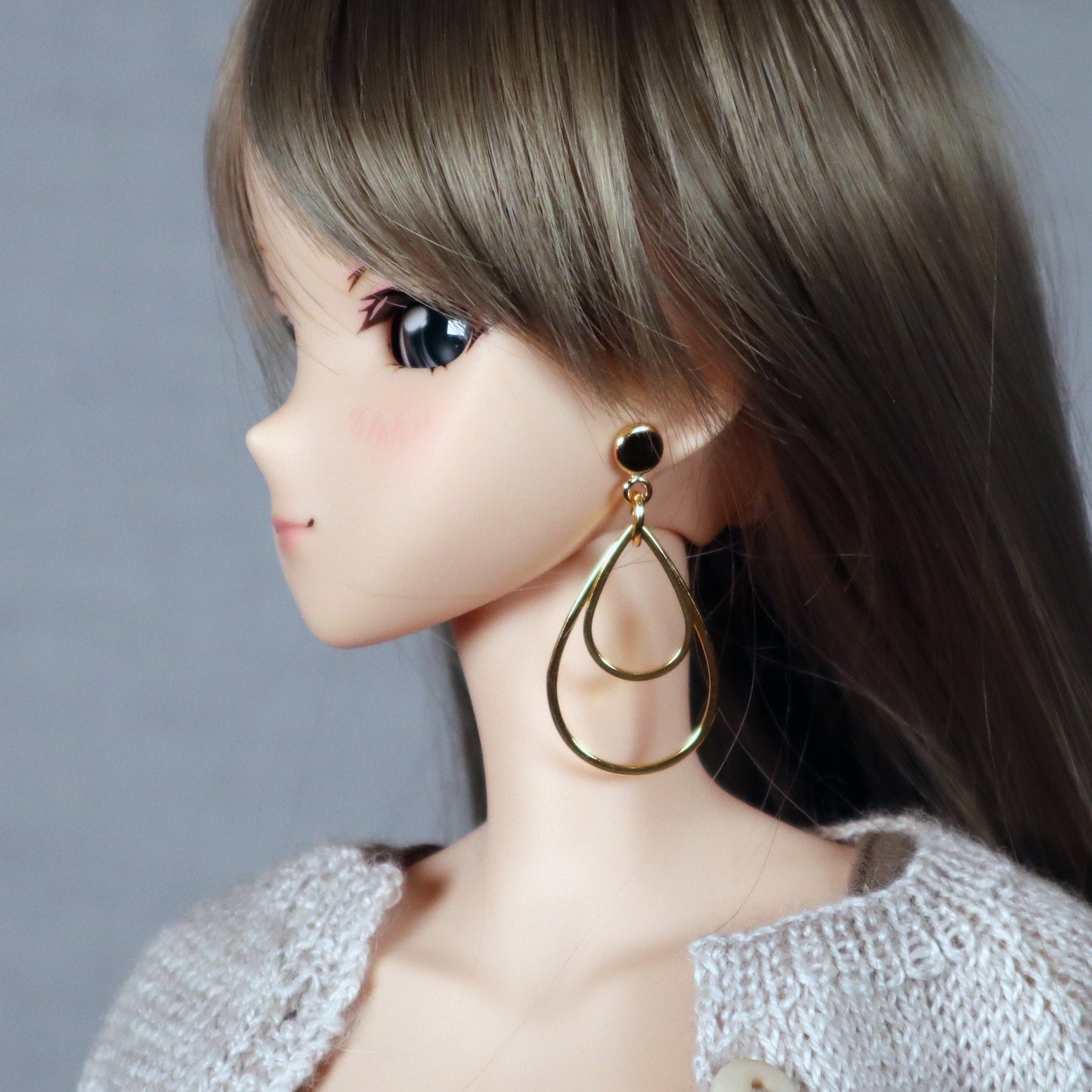 No-Hole Earrings for Vinyl Dolls - Raindrop Double Hoop (Gold or Steel)
