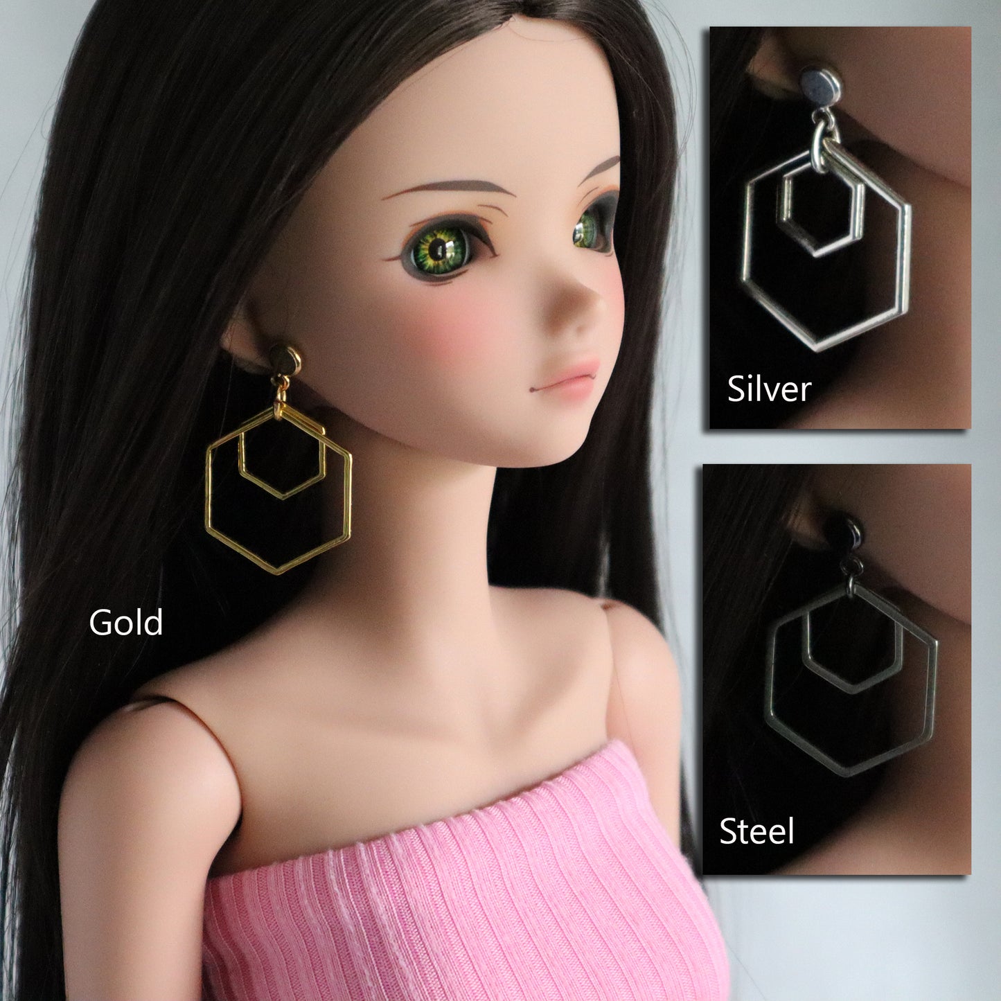 Hexagon Double Hoop (Silver, Gold or Steel) No-Hole Earrings for BJD