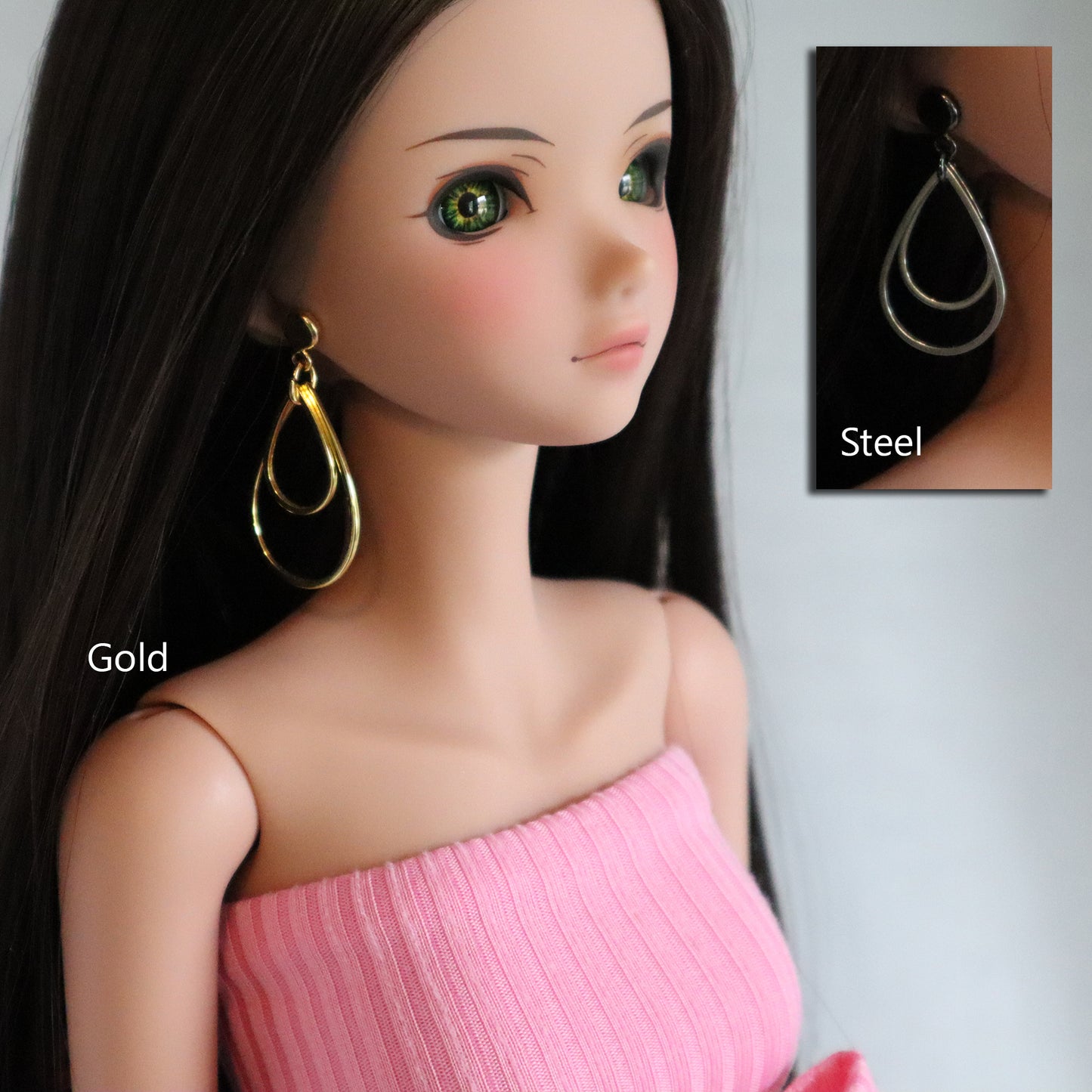 No-Hole Earrings for Vinyl Dolls - Raindrop Double Hoop (Gold or Steel)