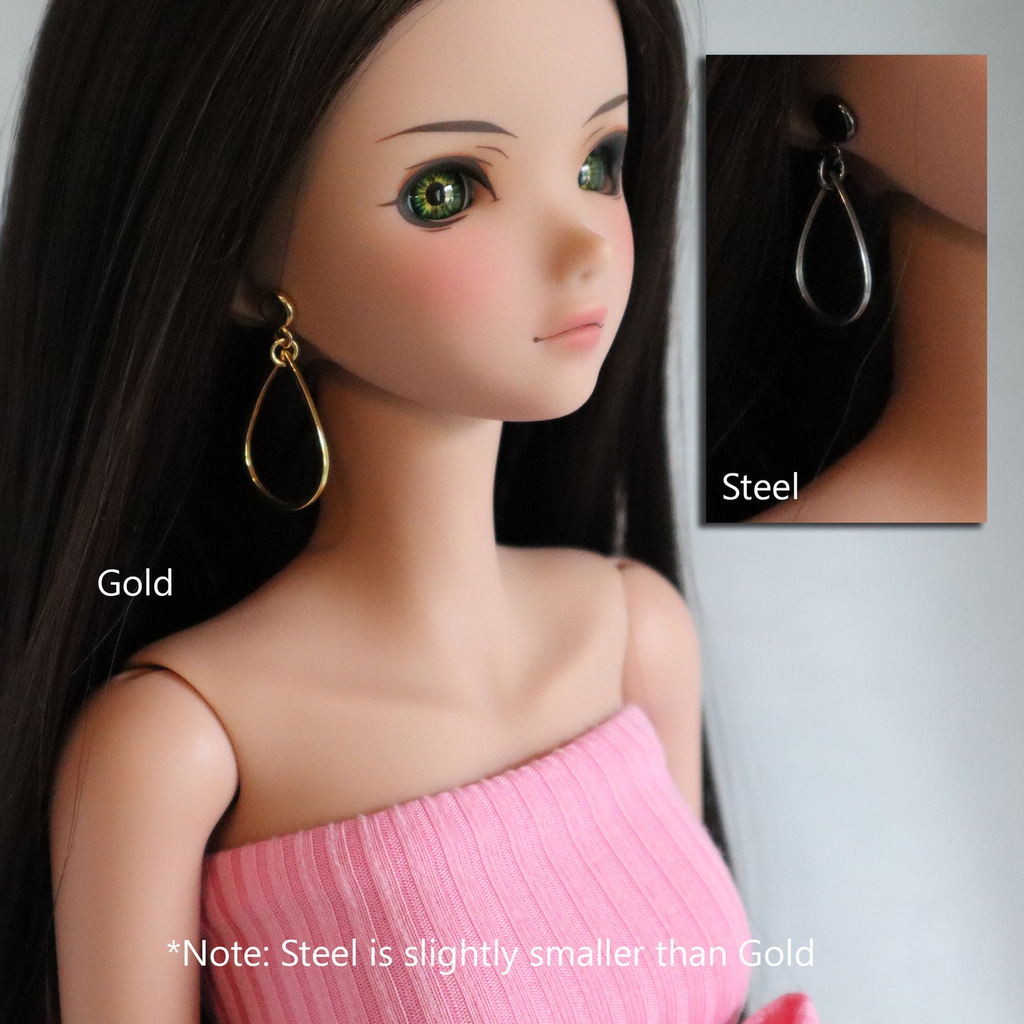 No-Hole Earring for Vinyl Dolls - Raindrop Hoop (Steel or Gold)
