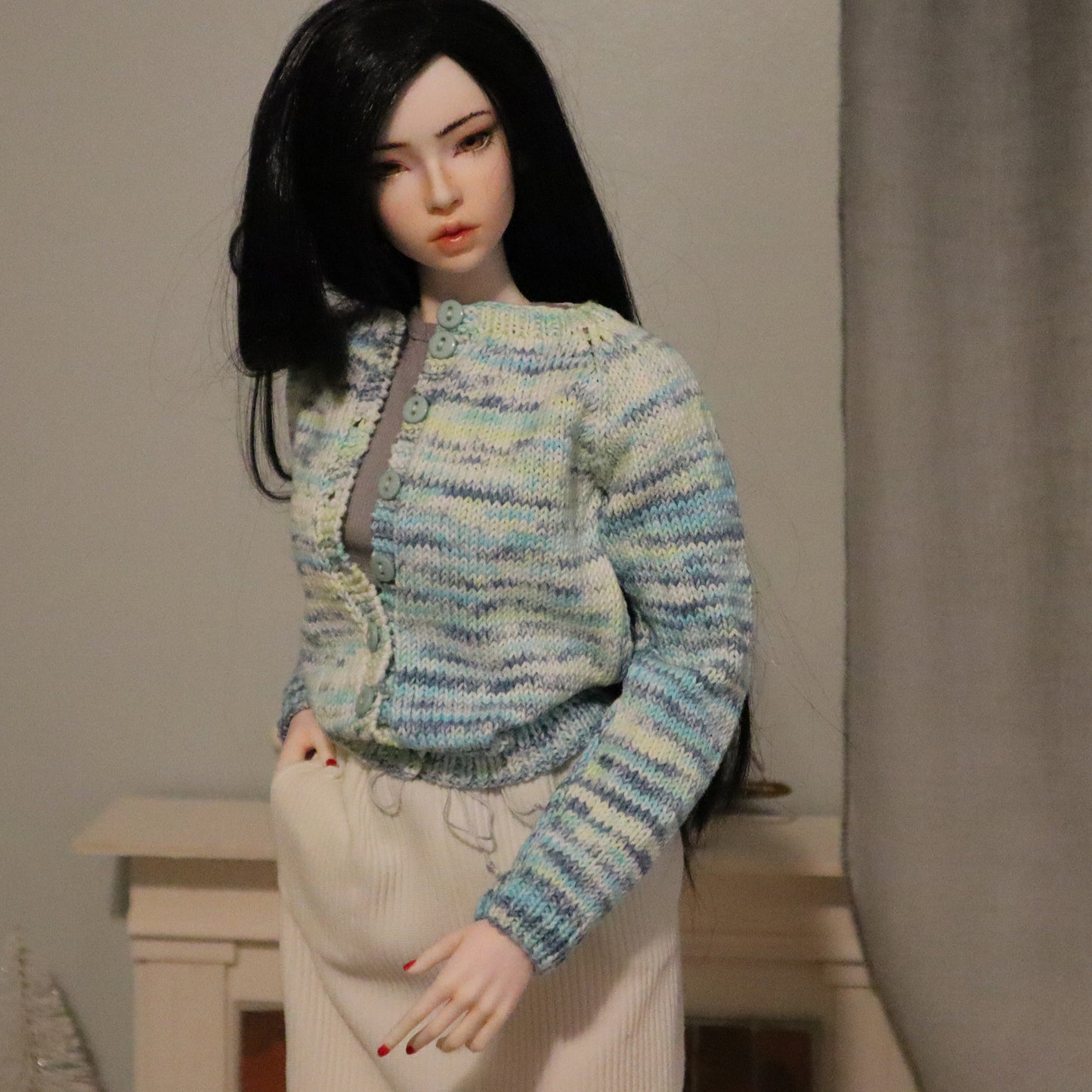 Cotton Varigated Button Front Cardigan - Fits 63cm BJD, Smartdoll Classic, Pear