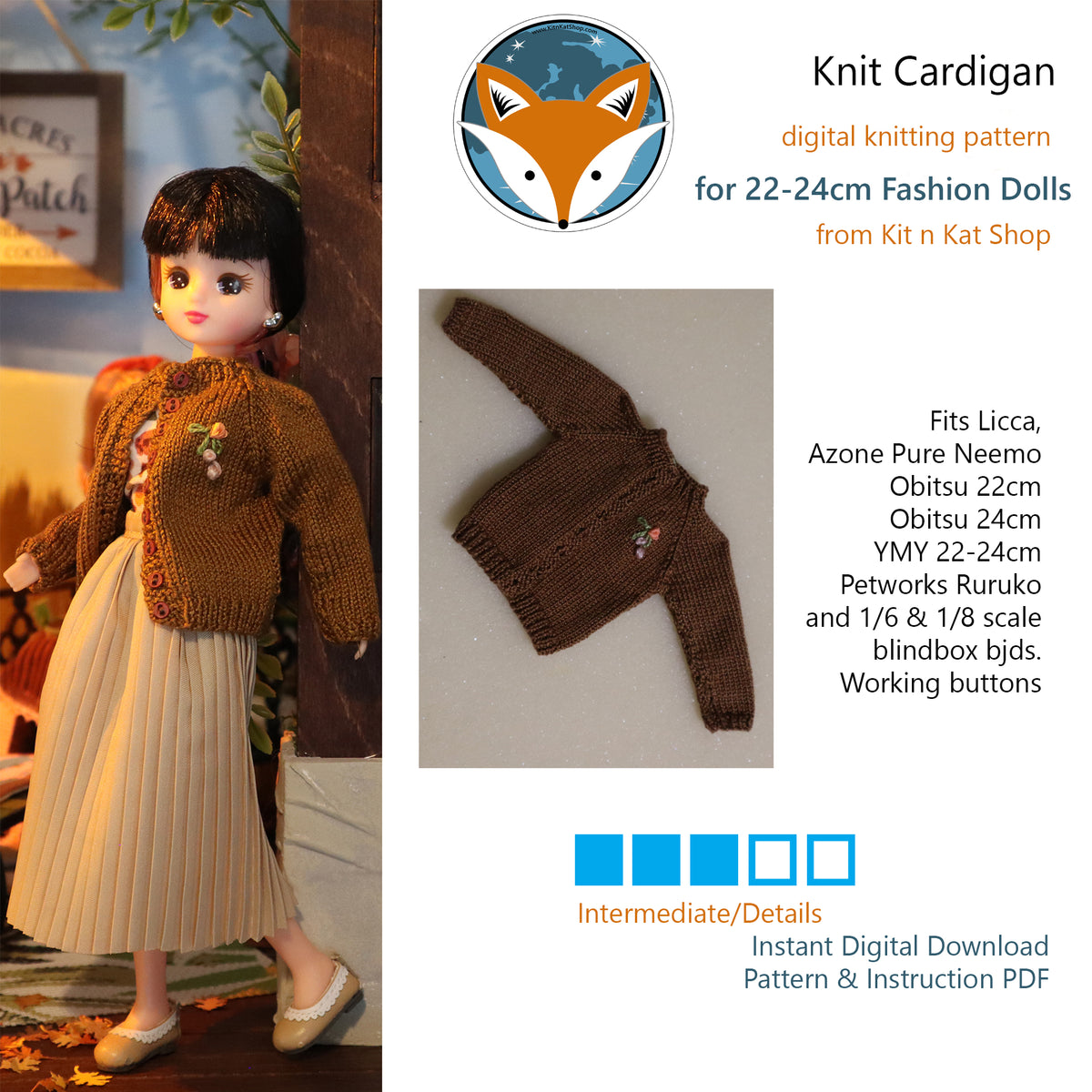 Classic Cardigan for 22-24cm Fashion Dolls - Digital Knitting Pattern