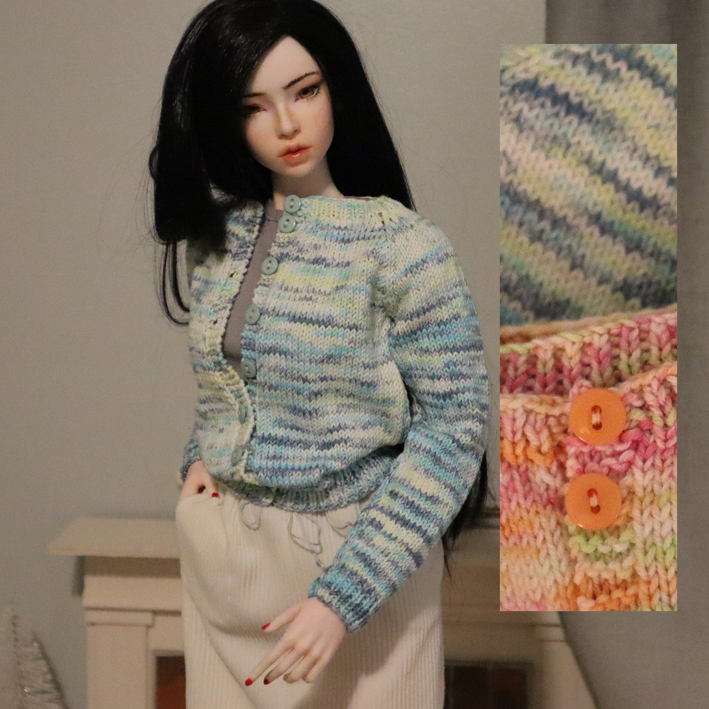 Cotton Varigated Button Front Cardigan - Fits 63cm BJD, Smartdoll Classic, Pear