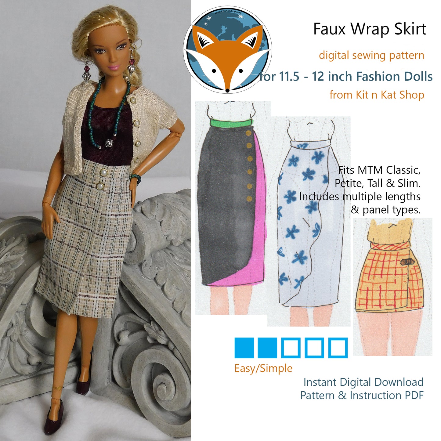 Digital Pattern for Faux Wrap Skirt for 11.5-12 inch Fashion Dolls