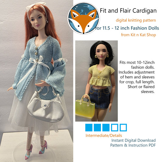 Fit & Flair Cardigan for 11.5-12inch Fashion Dolls - Digital Knitting Pattern