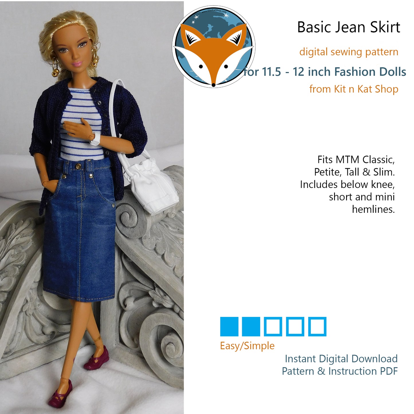 Digital Pattern for Basic Jeans Skirt for 11.5-12 inch Fashion Dolls