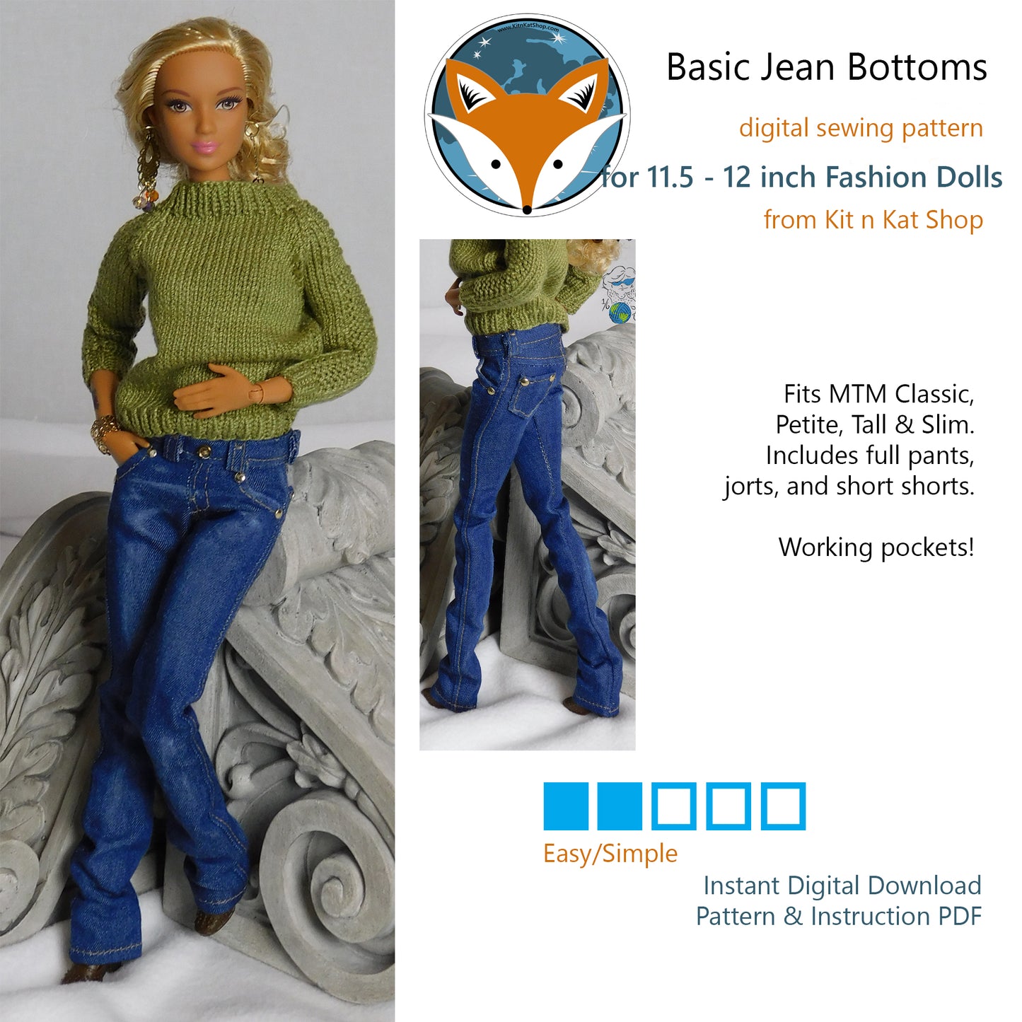 Digital Pattern for Basic Jeans Bottoms for 11.5-12 inch Fashion Dolls