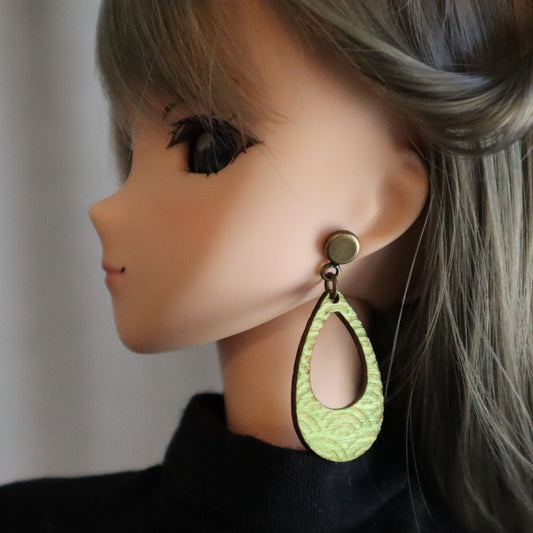 Bronze and Olive Asian inspired drop hoop No-Hole Earrings