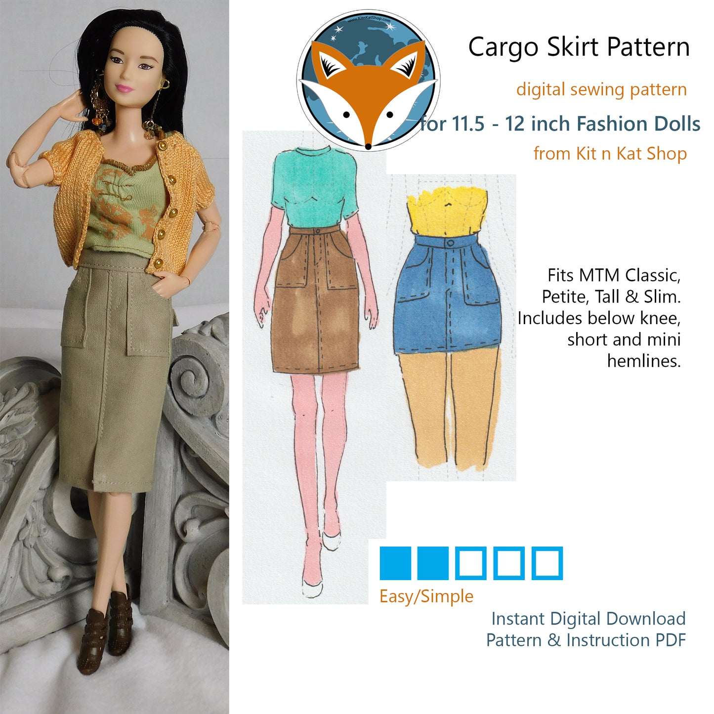 Digital Pattern for Cargo Skirt for 11.5-12 inch Fashion Dolls
