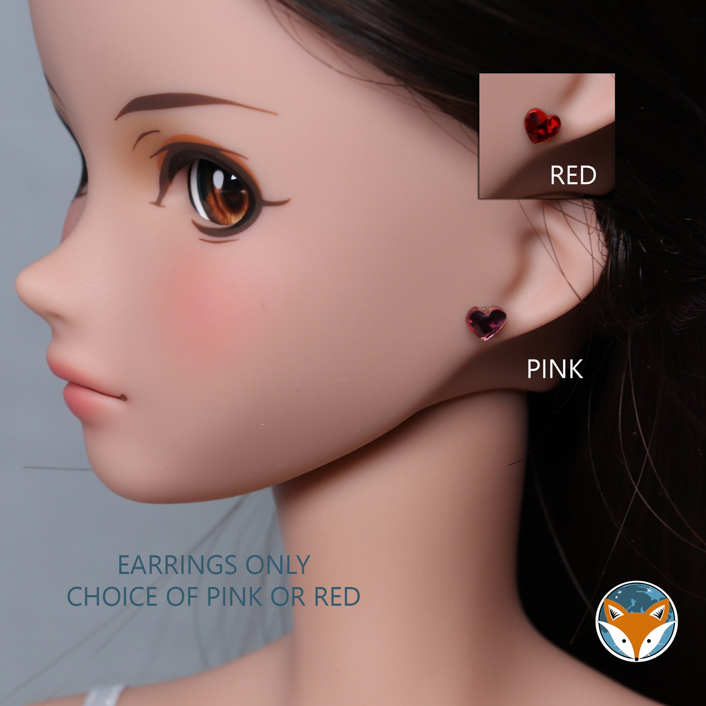 No-Hole Earrings for Dolls - mini heart crystal studs - red or pink