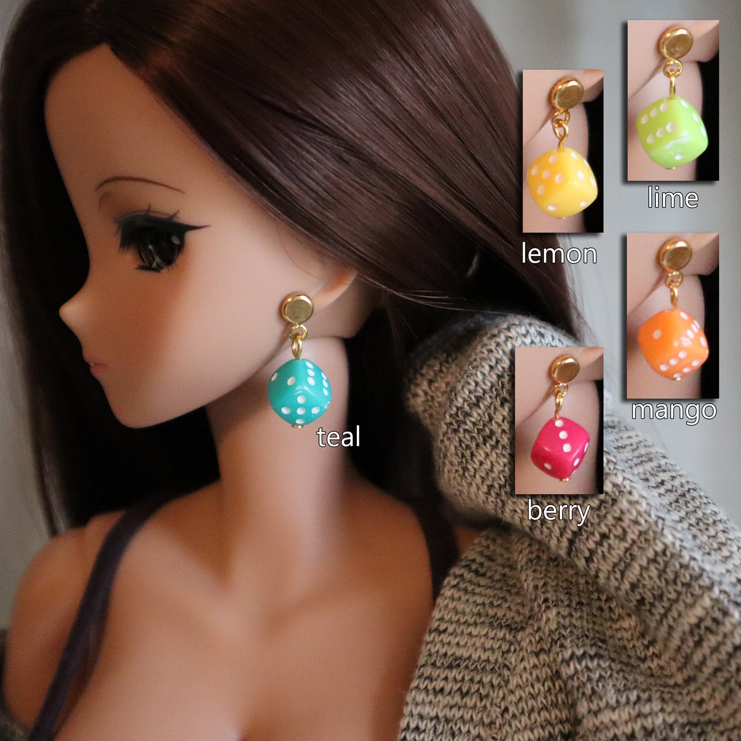No-Hole Earring for Vinyl Dolls  - Let the Dice Decide (5 colors)