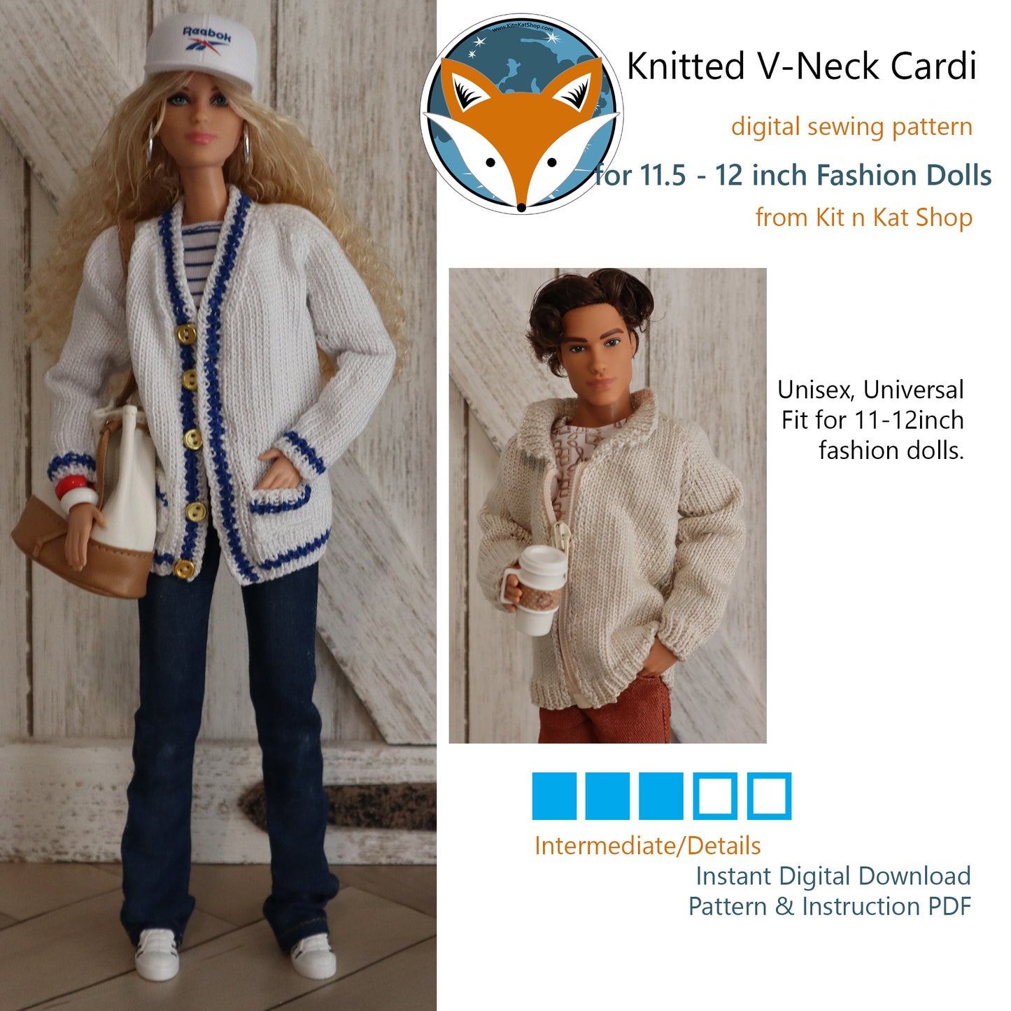 Digital Pattern for Knitted V-Neck Cardigan for 11.5-12 inch Fashion Dolls