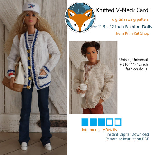 Digital Pattern for Knitted V-Neck Cardigan for 11.5-12 inch Fashion Dolls