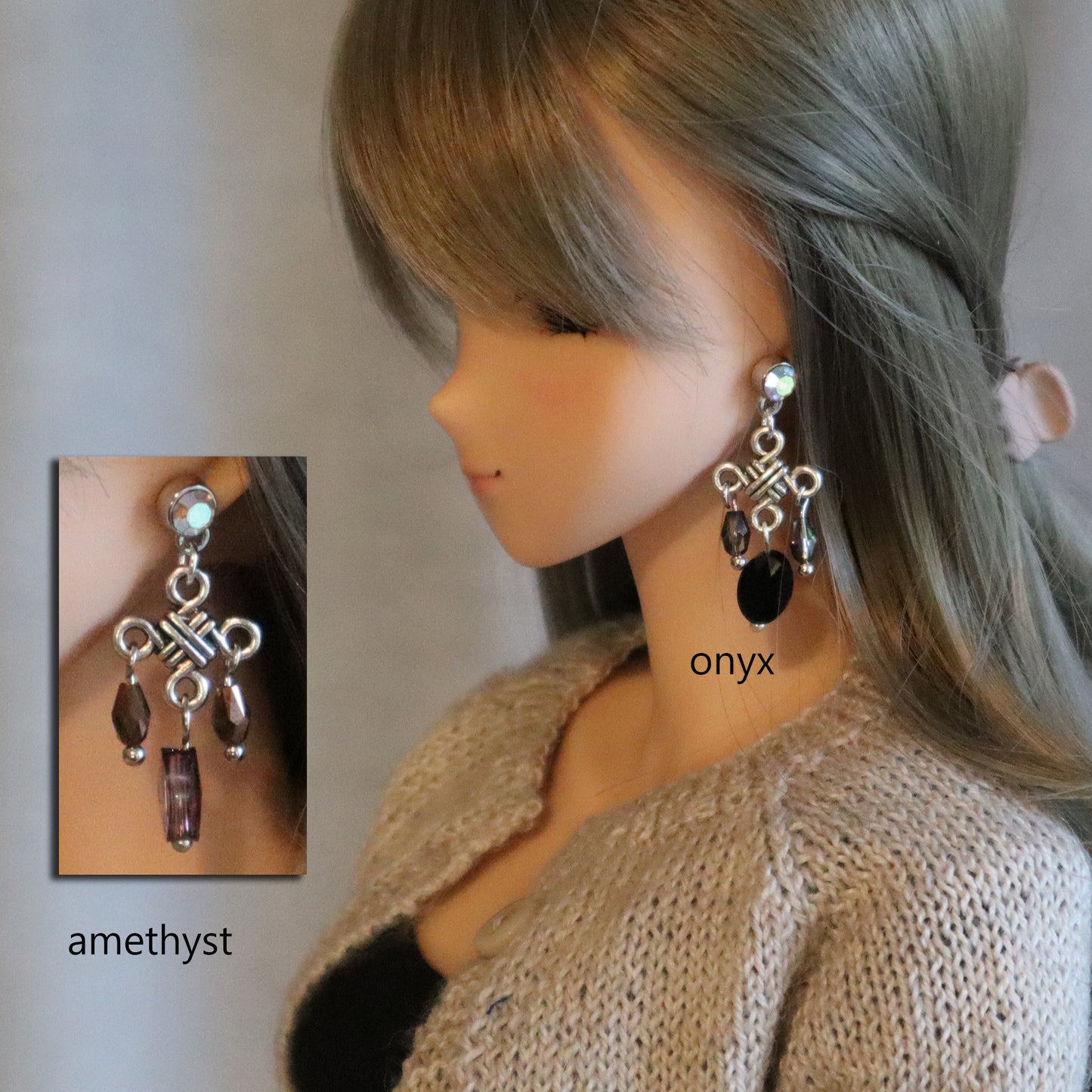 No-Hole Earrings for Vinyl Doll - Knotwork Chandelier (Onyx or Amethyst)