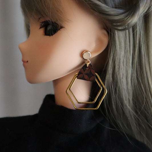 CLEARANCE Leather n Gold Hex No-Hole Earrings for BJD