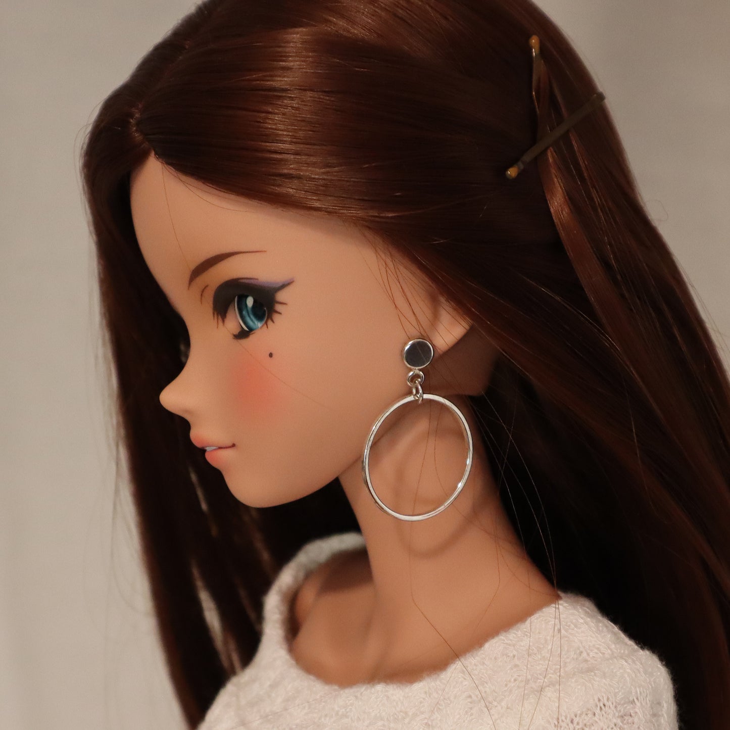Round Hoops Large Silver No-Hole Earrings for BJD