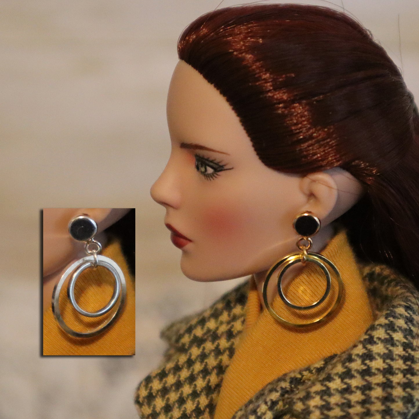 No-Hole Earring for Vinlyl Dolls - Mini Round Double Hoops (Silver or Gold)