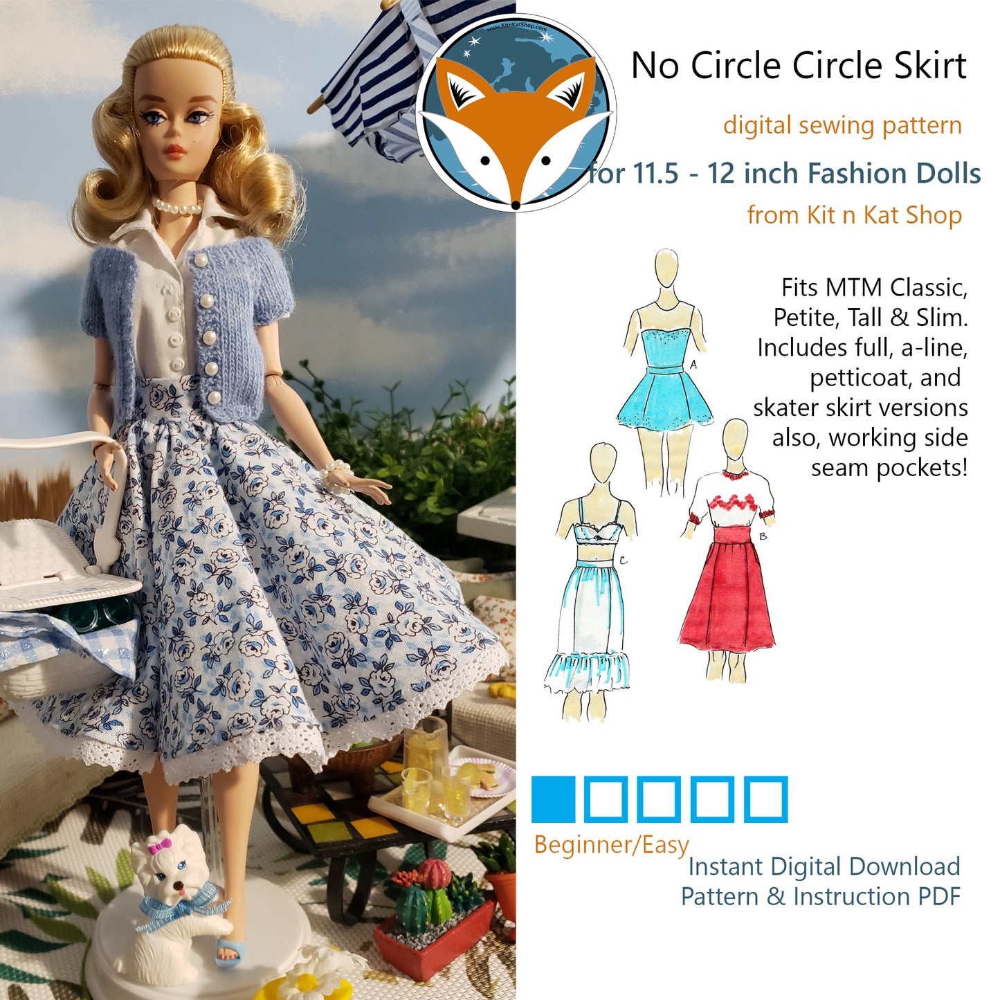 Digital Pattern for No-Circle Circle Skirt for 11.5-12 inch Fashion Dolls