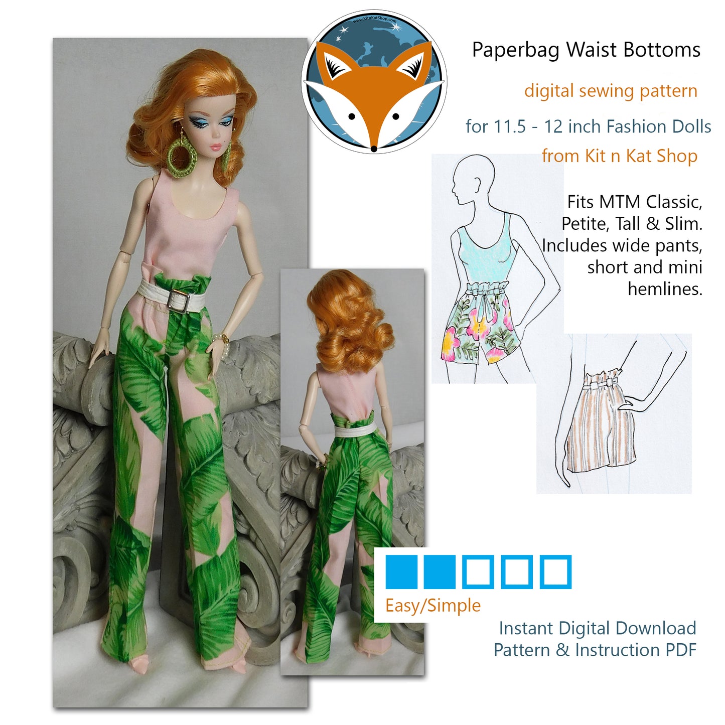 Digital Pattern for Paperbag Waist Bottoms for 11.5-12 inch Fashion Dolls