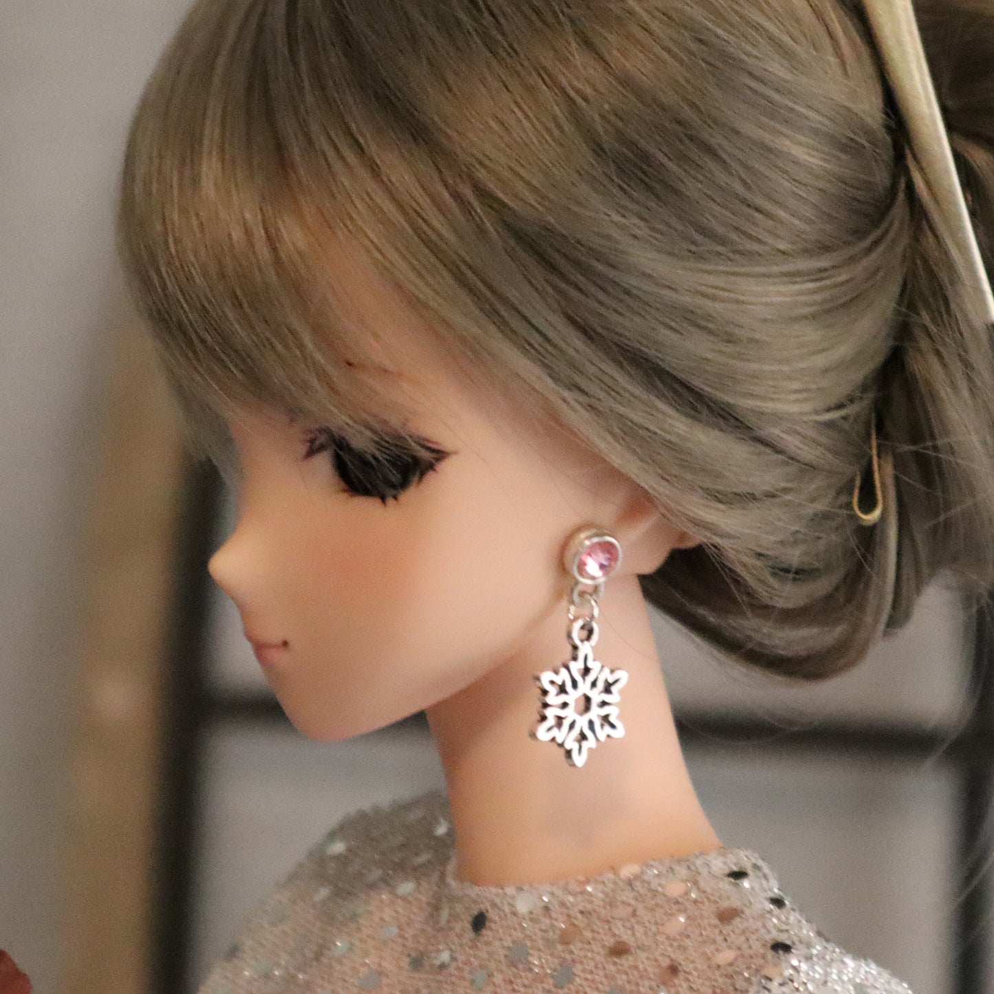 No-Hole Earrings for Vinyl Dolls - Crystal Drop Snowflake, Silver with Blue or Pink