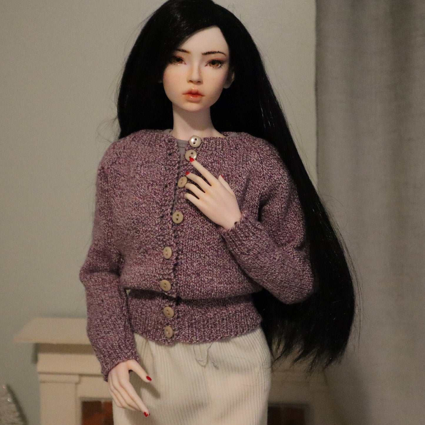 Purple Heather Button Front Cardigan - Fits 63cm BJD, Smartdoll Classic, Pear