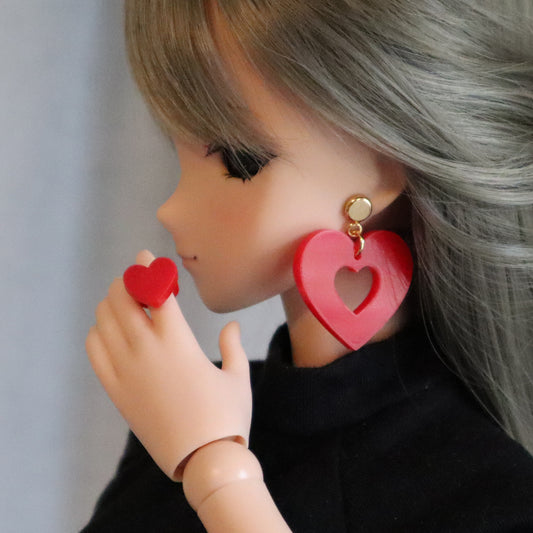 Bold Red Acrylic Heart No-Hole Earrings and Bonus Ring