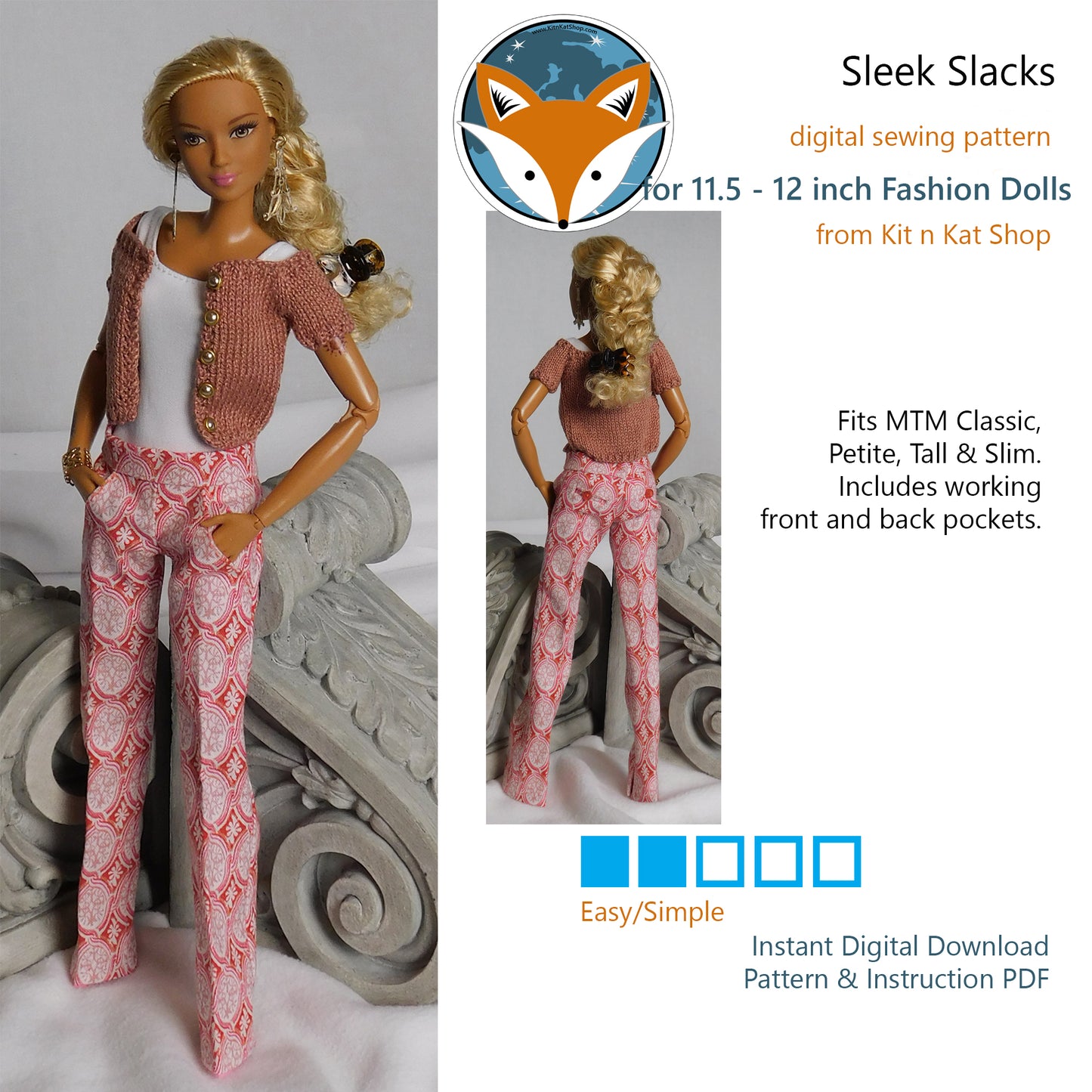 Digital Pattern for Sleek Slacks with Slash Rear Pockets for 11.5-12 inch Fashion Dolls