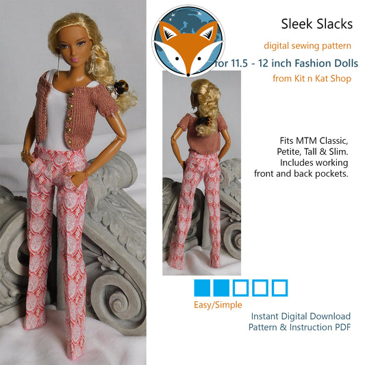 Digital Pattern for Sleek Slacks with Slash Rear Pockets for 11.5-12 inch Fashion Dolls