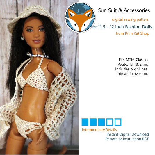 Sunsuit, Cover-Up and Accessory set for 11.5-12inch Fashion Dolls - Digital Crochet Pattern
