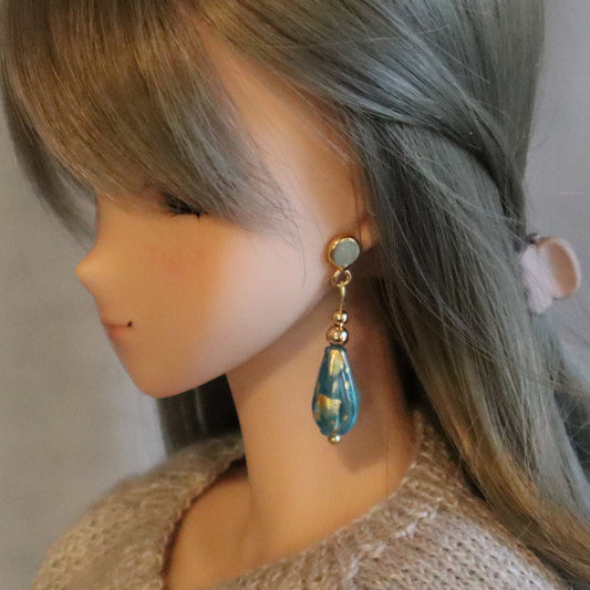 No-Hole Earrings for Vinyl Doll - Teal Crystal Drop
