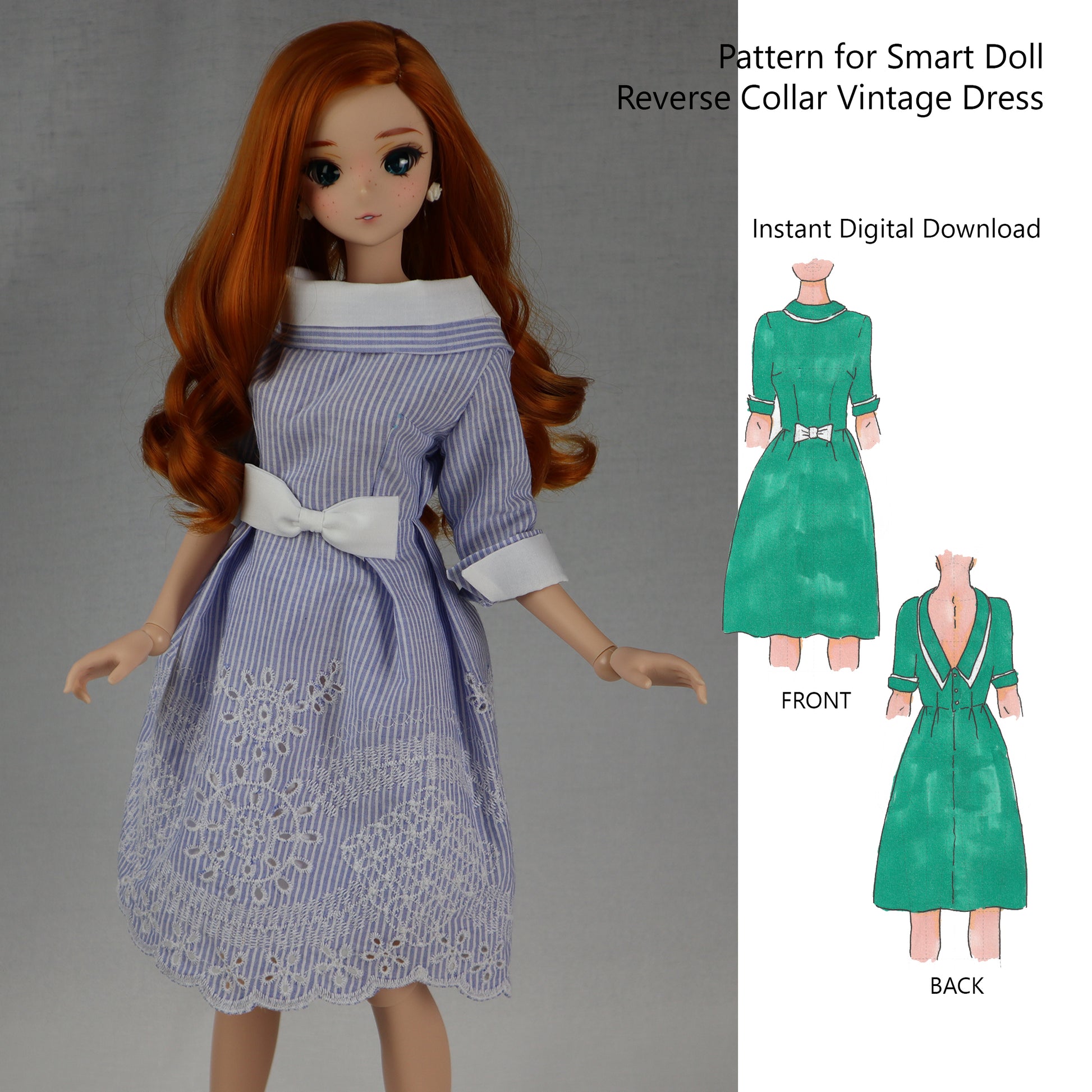 Vintage Reverse Collar Dress for Smart Doll Classic - Digital Sewing P Kit n Kat Shop LLC Vintage Reverse Collar Dress for Smart Doll Classic - Digital Sewing P Kit n Kat Shop LLC