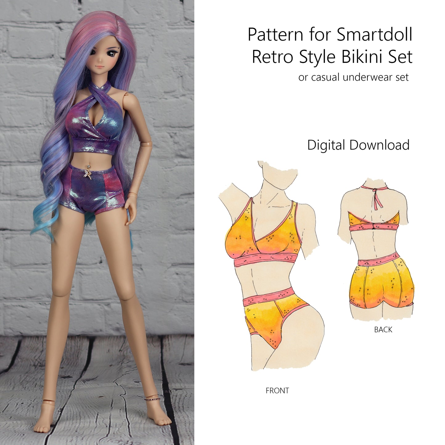 Pattern for Retro Bikini (or Casual Underwear) for Smart Doll