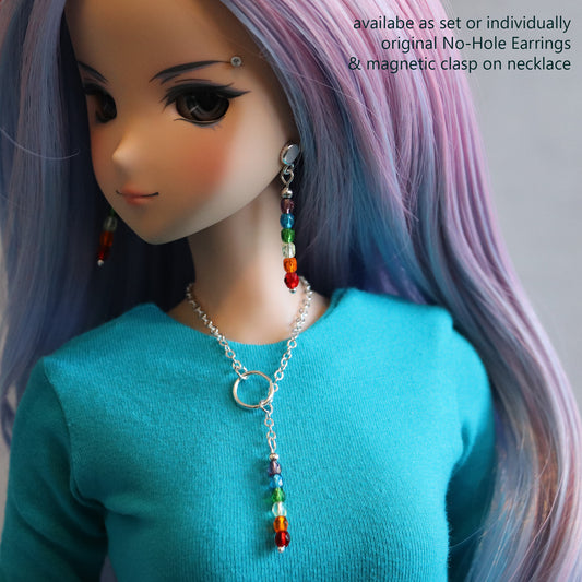 No-Hole Earrings & Magnetic Clasp Necklace for Vinyl Dolls - Chakra Rainbow Set