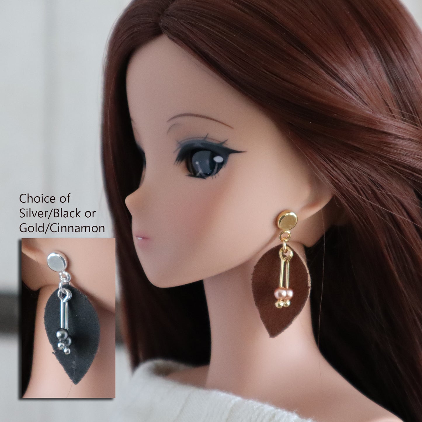 No-Hole Earrings for Vinyl Doll - Leather Leaf & Pearl (2 Styles)