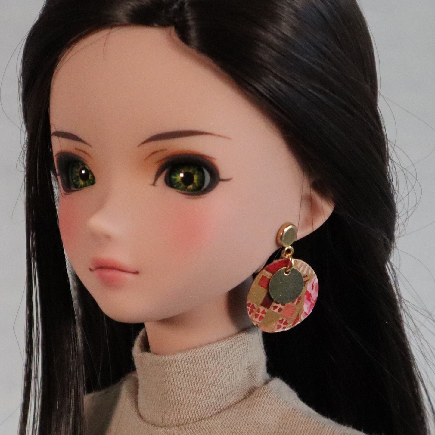 No-Hole Earrings for Vinyl Dolls  - Red Floral Washi Disc
