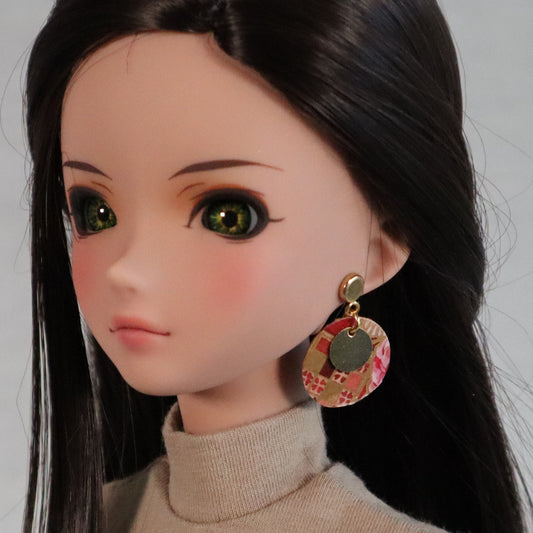 No-Hole Earrings for Vinyl Dolls  - Red Floral Washi Disc