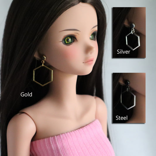 No-Hole Earring for Vinyl Dolls - Hexagon Hoop (Silver, Gold or Steel)