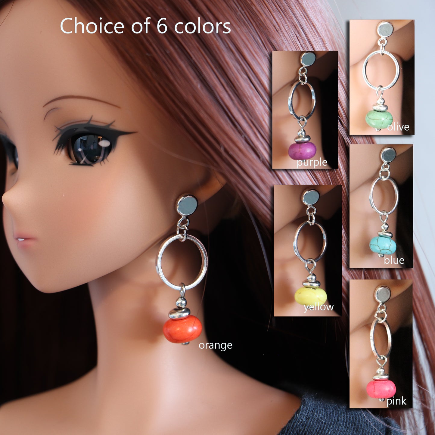 No-Hole Earring for Vinyl Dolls  - Cushioned Hoops (6 color choices)