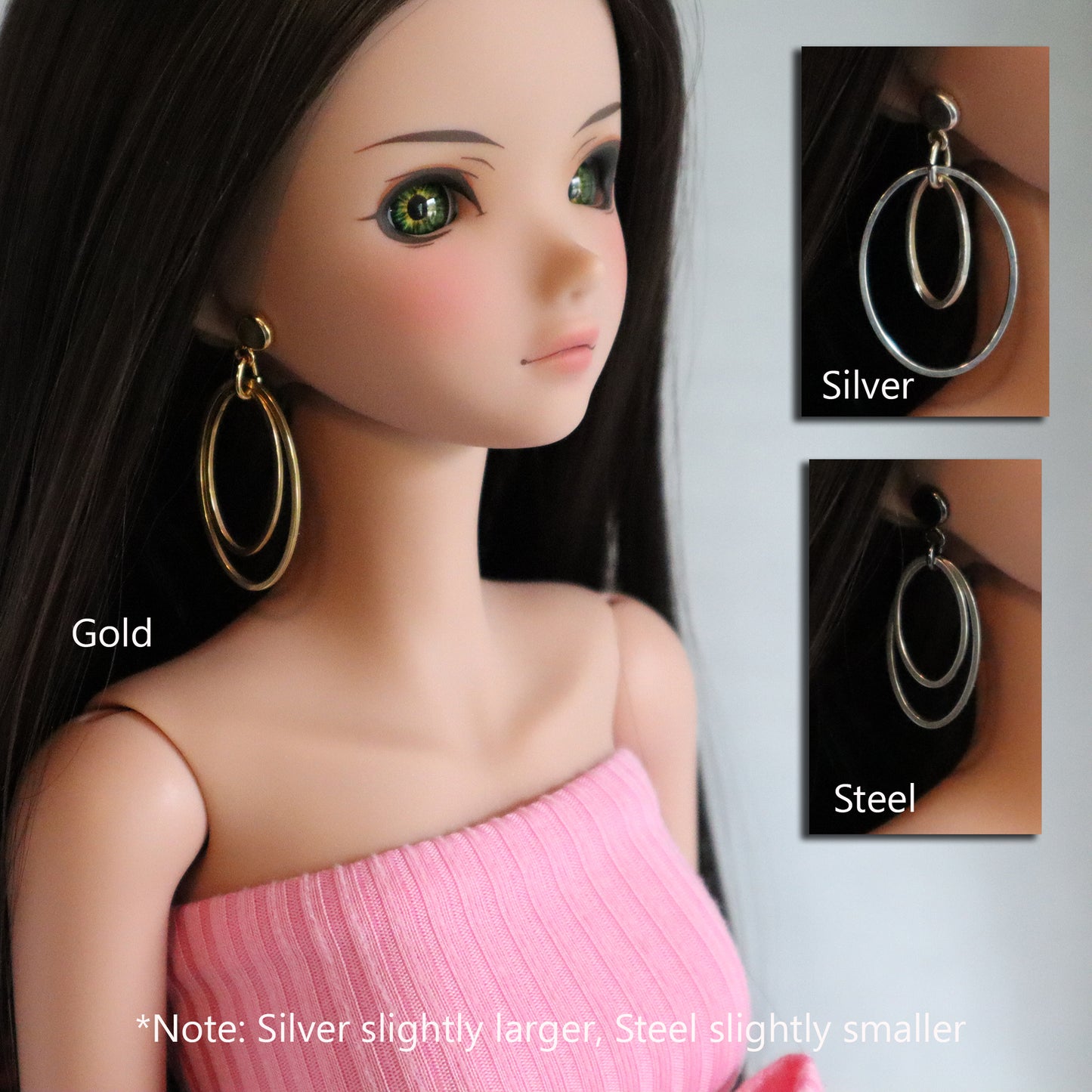 No-Hole Earrings for Vinyl Dolls - Oval Double Hoops (Silver, Gold or Steel)