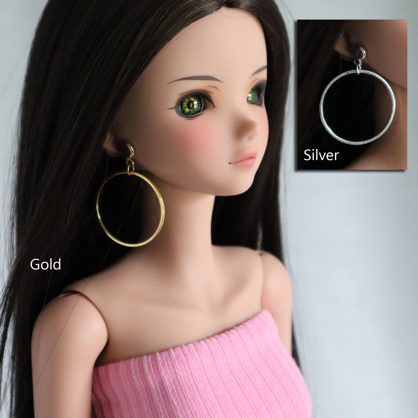 No-Hole Earring for Vinlyl Dolls - Round Hoops (Silver or Gold)