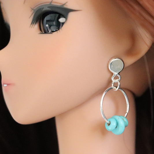 No-Hole Earrings for Vinyl Dolls - Tiny Beaded Hoop (Silver & Turquoise)